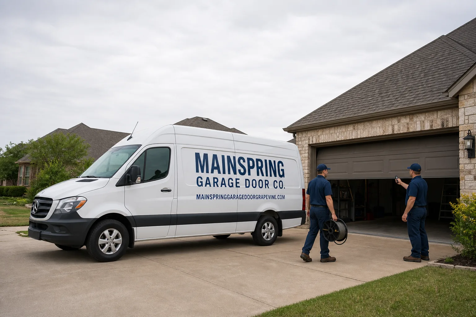 Mainspring Garage Door Co. garage door service vehicle and crew in Grapevine, TX